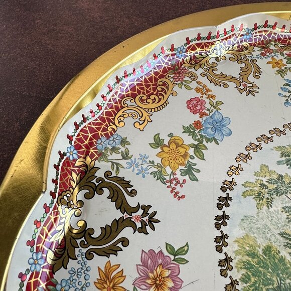 Vintage Daher Decorated Ware Tin Tray 16.25" Round Floral & Asian Scene England - Picture 13 of 16